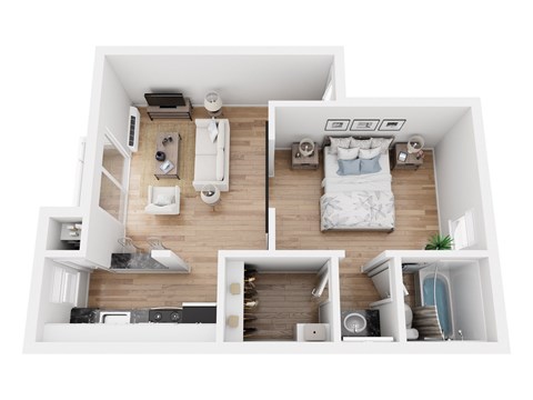 A top-down view of a small, neatly organized apartment with a bedroom, living room, and kitchen.
